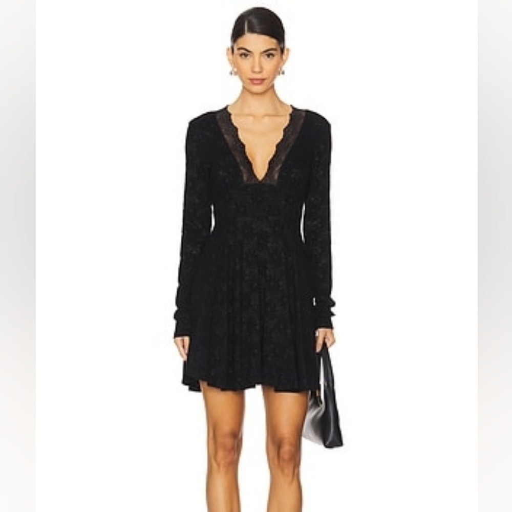 Free People Black Lace Long Sleeve All Yours Mini Dress Size Medium - Picture 2 of 6